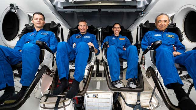 Crew-7 members inside the SpaceX Dragon during a training session at the company’s headquarters in Hawthorne, California.
