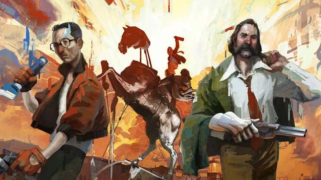 Disco Elysium art shows its cop protagonists walking away from a broken monument. 