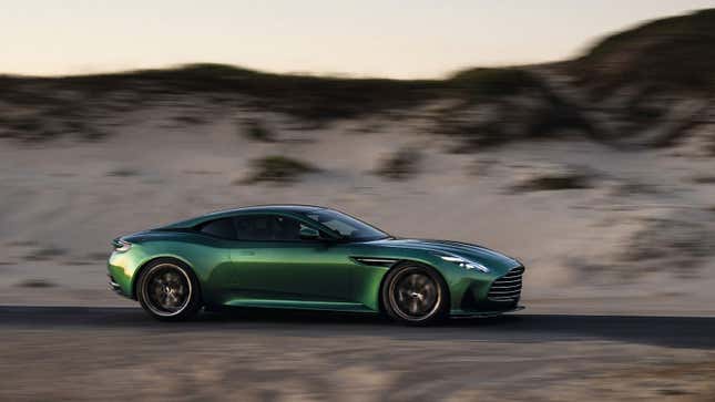 A photo of a green Aston Martin DB12 sports car. 