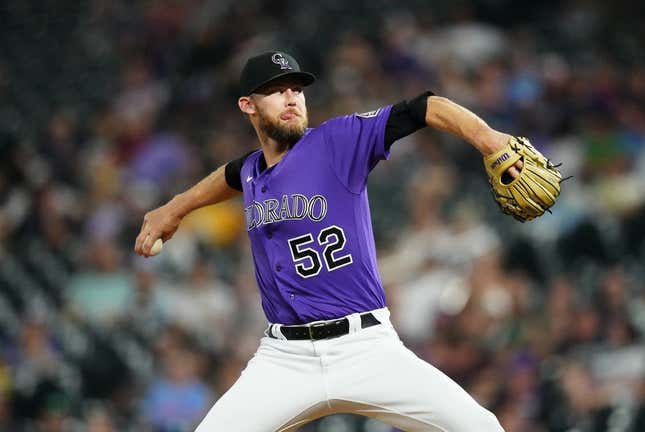 Sep 6, 2022; Denver, Colorado, USA; Colorado Rockies relief pitcher Daniel Bard (52) pitches in the eleventh inning against the Milwaukee Brewers at Coors Field.