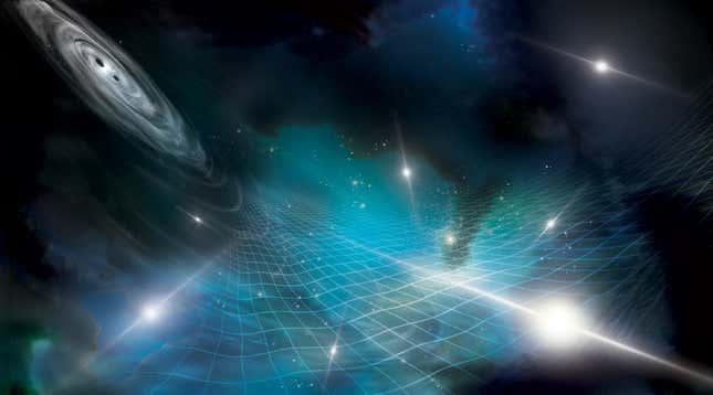 Impresión de un artista de un agujero negro supermasivo binario (arriba a la izquierda) que envía ondas gravitacionales a través del espacio ocupado por púlsares (blanco).