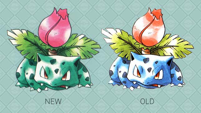 Two paintings of Ivysaur are seen with one having different shades of color than the other, with one labeled as "NEW" and the other as "OLD."