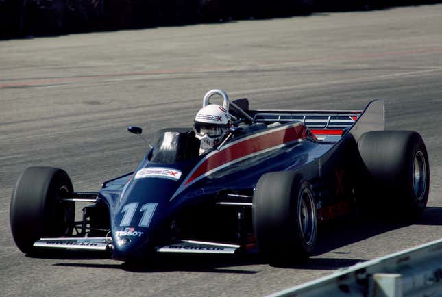 lio de Angelis drives the Essex Team Lotus Cosworth 88 with hydropneumatic suspension during practice for the United States Grand Prix (West) on 13 March 1981 at Long Beach street circuit in Long Beach, California, United States. The controversial twin chassis design was subsequently banned after practice and never raced.