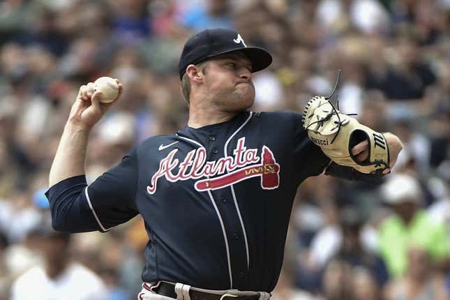 Jul 23, 2023; Milwaukee, Wisconsin, USA; Atlanta Braves pitcher Bryce Elder (55) pitches against the Milwaukee Brewers in the first inning at American Family Field.