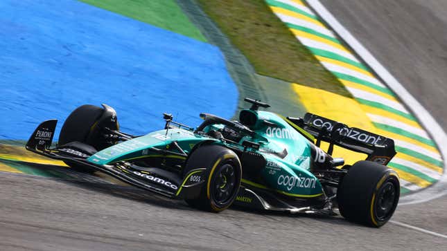 A photo of Lance Stroll racing in Brazil. 