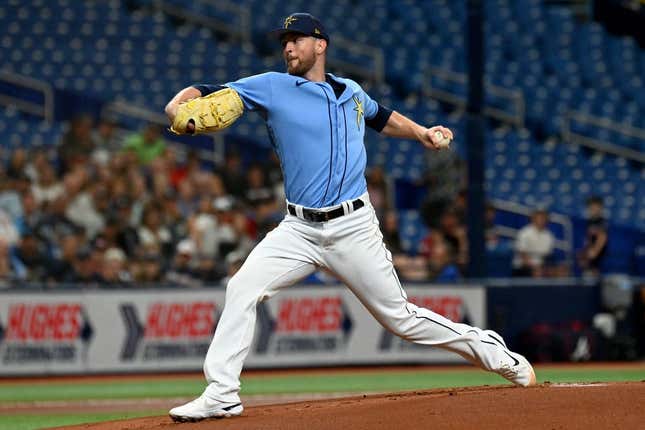 Mar 10, 2023; St. Petersburg, Florida, USA;  Tampa Bay Rays pitcher Jeffrey Springs (59) throws a pitch in the first inning of a spring training game against the Atlanta Braves at Tropicana Field.