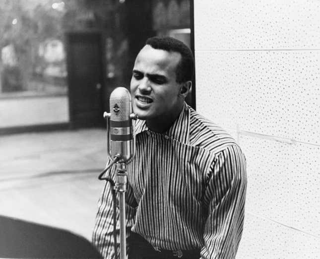 Harry Belafonte performing in a recording studio, circa 1957. 
