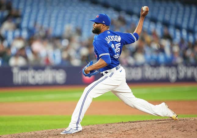 May 15, 2023; Toronto, Ontario, CAN; Toronto Blue Jays relief pitcher Jay Jackson (35) throws a pitch against the New York Yankees during the eighth inning at Rogers Centre.
