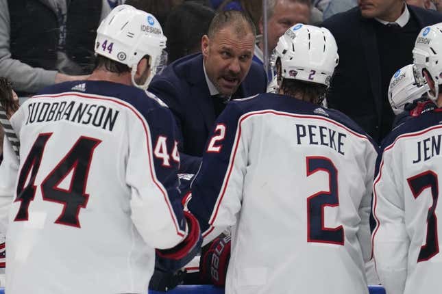 Feb 11, 2023; Toronto, Ontario, CAN; Columbus Blue Jackets head coach Brad Larsen talks to his players during the third period against the Toronto Maple Leafs at Scotiabank Arena.
