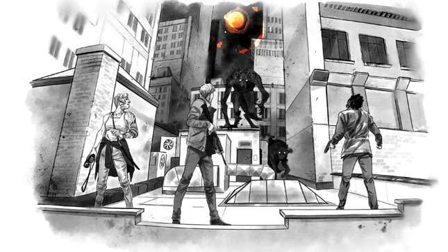 A party of human characters are approached by werewolves on a rooftop.