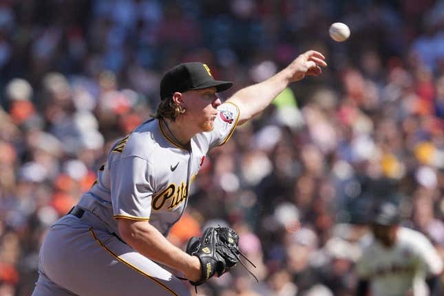 May 29, 2023; San Francisco, California, USA; Pittsburgh Pirates relief pitcher Rob Zastryzny (62) throws a pitch against the San Francisco Giants during the seventh inning at Oracle Park.