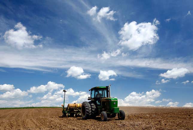 LUXEMBURG, IA - MAY 9: Iowa farmer Ernie "George" Goebel pulls a corn planter behind his John Deere tractor while planting corn in a field on the farm he was raised on May 9, 2007 near Luxemburg, Iowa. With the increase in demand for alternative energy some farmers have elected to switch to growing corn in order to produce the profitable ethanol fuel. In the nation approximately 90 million acres of corn are expected to be planted this season. (Photo by Mark Hirsch/Getty Images)