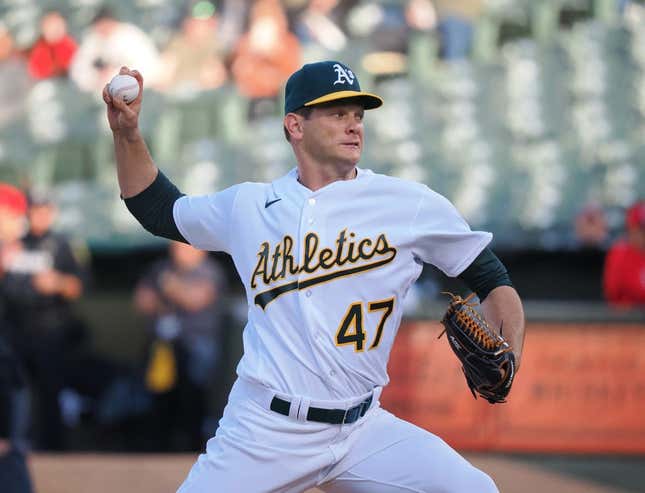 Apr 28, 2023; Oakland, California, USA; Oakland Athletics starting pitcher Drew Rucinski (47) pitches the ball against the Cincinnati Reds during the first inning at Oakland Coliseum.
