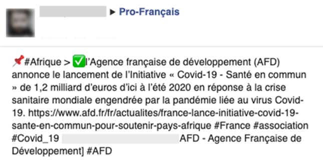 Translation: #Africa – The French Development Agency announces the launch of the initiative “Covid-19 – Health in Common,” of €1.2 billion by summer 2020, in response to the global health crisis caused by the Covid-19 pandemic.