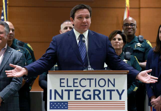 Florida Gov. Ron DeSantis speaks during a press conference held at the Broward County Courthouse on August 18, 2022, in Fort Lauderdale, Florida. The Governor announced during the press conference that the state’s new Office of Election Crimes and Security has uncovered and is in the process of arresting 20 individuals across the state for voter fraud.