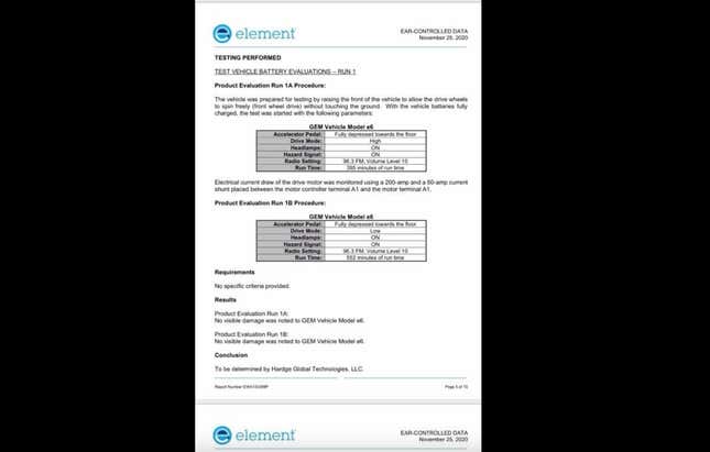 Testing results done by Element Materials Technology 