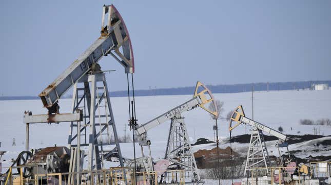 An oil pumpjack is seen in Almetyevsk District, Tatarstan, Russia.