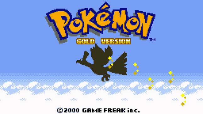 The start menu of Pokemon Gold shows Ho-Oh flying in the sky.