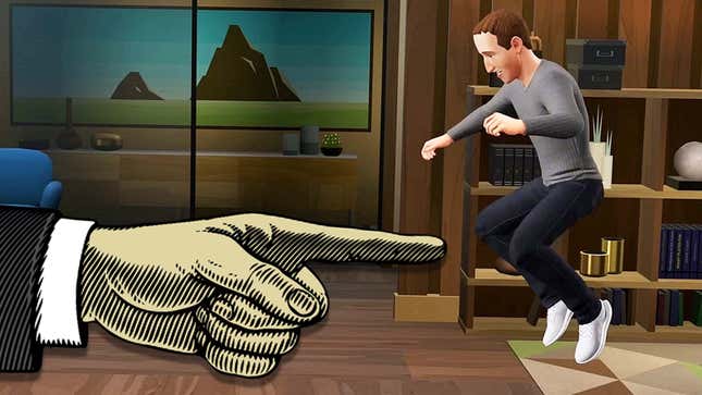 An image shows a large hand pointing at digital Zuckerberg's legs. 