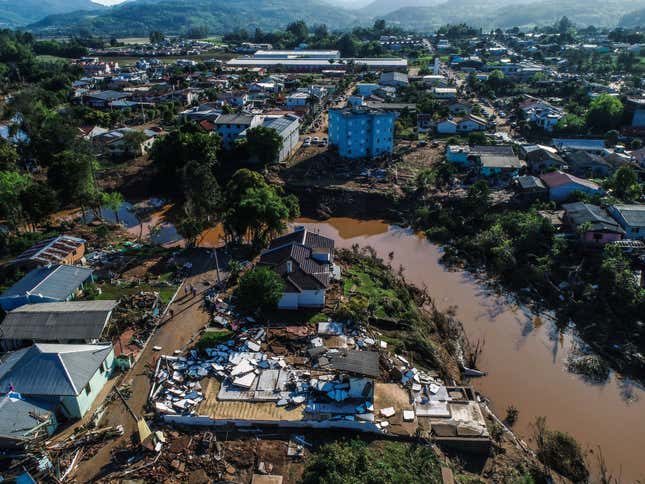 View of buildings destroyed by the floods caused by a deadly extratropical cyclone in Roca Sales, Rio Grande do Sul state, Brazil, Wednesday, Sept. 6, 2023. (AP Photo/Wesley Santos)