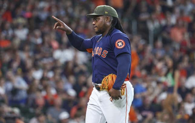 May 21, 2023; Houston, Texas, USA; Houston Astros starting pitcher Framber Valdez (59) walks off the mound after pitching during the seventh inning against the Oakland Athletics at Minute Maid Park.