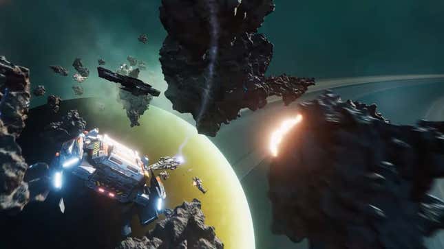 Incredible scenes of a ship flying through asteroids in Falling Frontier.