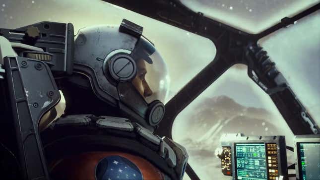 A screenshot show a pilot sitting in spaceship cockpit as seen in Starfield. 