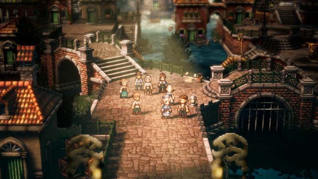 Castti is seen talking with a group of townsfolk in the middle of a town square.