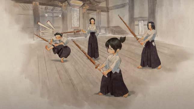 Kiriko, Genji a Hanzo trénují s meči, když Kiriko matka Bops Genji na hlavě