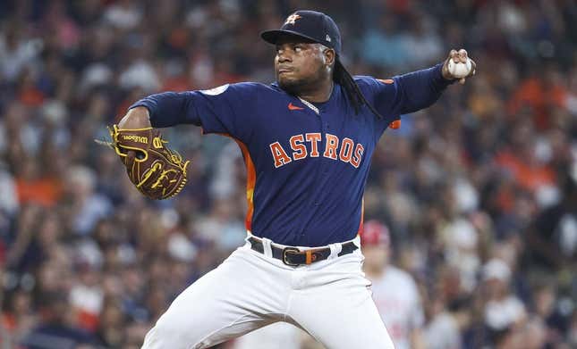 Jun 2, 2023; Houston, Texas, USA; Houston Astros starting pitcher Framber Valdez (59) delivers a pitch during the first inning against the Los Angeles Angels at Minute Maid Park.