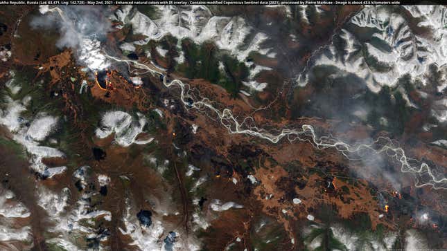 Wildfires near Oymyakon, Sakha Republic, Russia, on May 2, 2021.