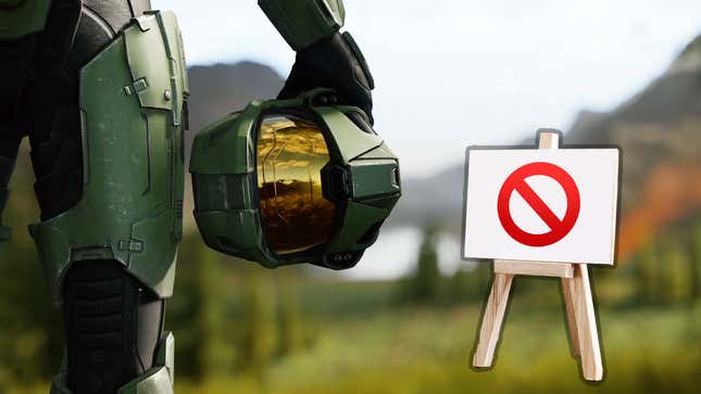 Master Chief turns away from a "banned" sign on an alien planet.