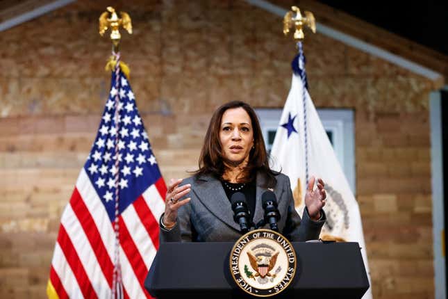 US Vice President Kamala Harris speaks after visiting the Wisconsin Regional Training Partnership Building Industry Group and Skilled Trades Employment Program on January 24, 2022, in Milwaukee, Wisconsin. 