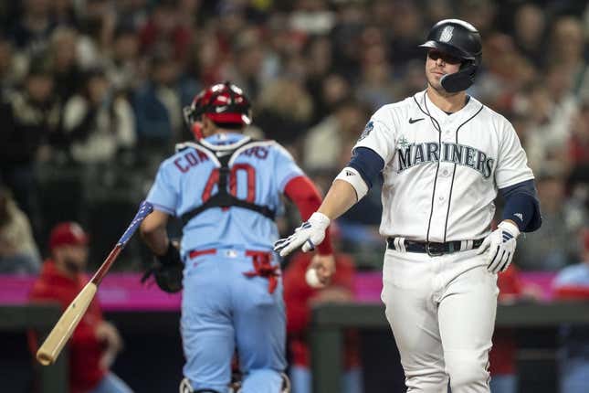 Apr 22, 2023; Seattle, Washington, USA; Seattle Mariners first baseman Ty France (23) throws down his bat after striking about during the fifth inning against the St. Louis Cardinals at T-Mobile Park.