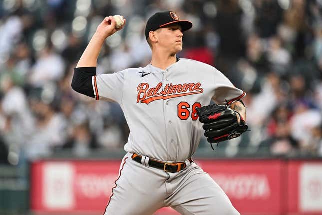 Apr 14, 2023; Chicago, Illinois, USA;  Baltimore Orioles pitcher Tyler Wells (68) pitches against the Chicago White Sox at Guaranteed Rate Field.