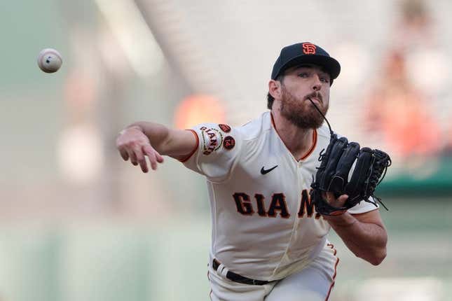 Aug 14, 2023; San Francisco, California, USA; San Francisco Giants starting pitcher Ryan Walker (74) throws a pitch against the Tampa Bay Rays during the first inning at Oracle Park.