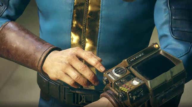 A Fallout 76 Vault Dweller consults their Pipboy. 