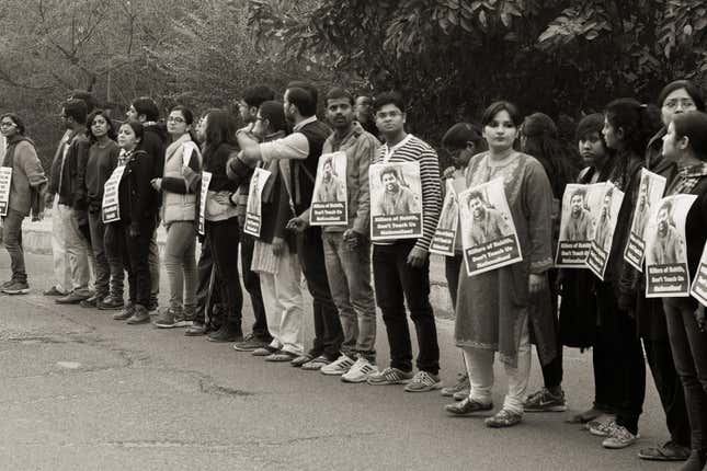 A human chain at the JNU campus on Feb. 14.
