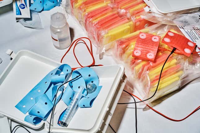 Using syringes allows researchers to soak the foam pads with just enough saline to improve conductivity, and not a drop more.