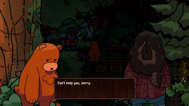 A bear speaks to a bigger bear in Bear and Breakfast, a video game coming out in 2022.