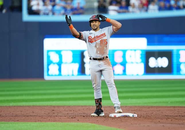 Jul 31, 2023; Toronto, Ontario, CAN; Baltimore Orioles right fielder Anthony Santander (25) celebrates hitting a double against the Toronto Blue Jays during the third inning at Rogers Centre.