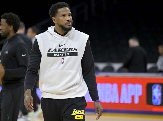 May 12, 2023; Los Angeles, California, USA; Los Angeles Lakers guard Malik Beasley (5) warms up prior to game six of the 2023 NBA playoffs against the Golden State Warriors at Crypto.com Arena.