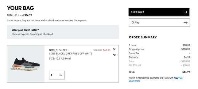 NMD_S1 shoes at checkout from Adidas page for $64.99. 