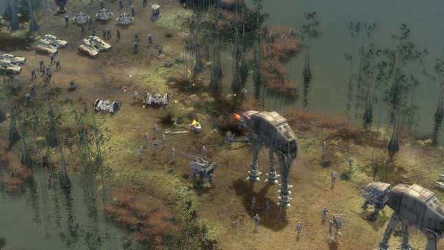 A screenshot from Empire at War showing AT-ATs and tanks attacking rebels in a swamp.