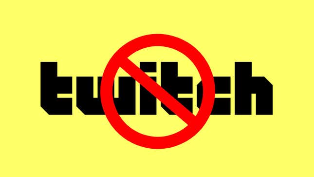 the twitch logo against a yellow background with a red banned symbol over it