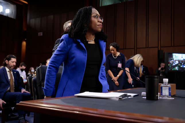 U.S. Supreme Court nominee Judge Ketanji Brown Jackson returns from a break in her confirmation hearing before the Senate Judiciary Committee in the Hart Senate Office Building on Capitol Hill on March 23, 2022, in Washington, DC.