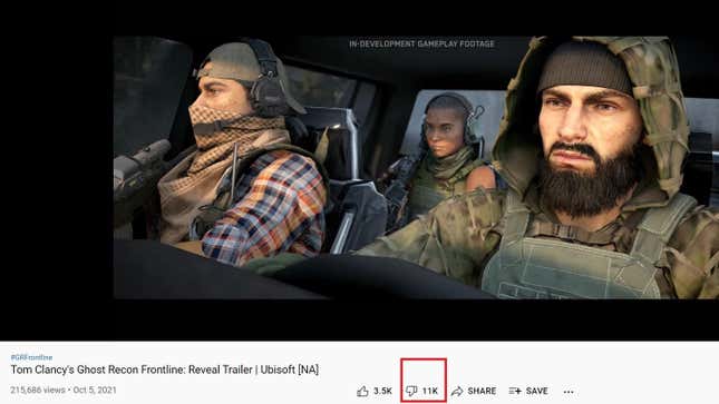 A screenshot of Ghost Recon: Frontier's YouTube trailer showing how many people downvoted it. ors drive in a car together.