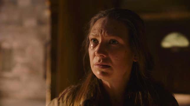 Tess (Anna Torv) is seen with a pleading look on her face in a moment from episode 2 of The Last of Us.