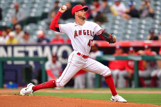 Apr 12, 2023; Anaheim, California, USA; Los Angeles Angels starting pitcher Griffin Canning (47) throws against the Washington Nationals during the first inning at Angel Stadium.