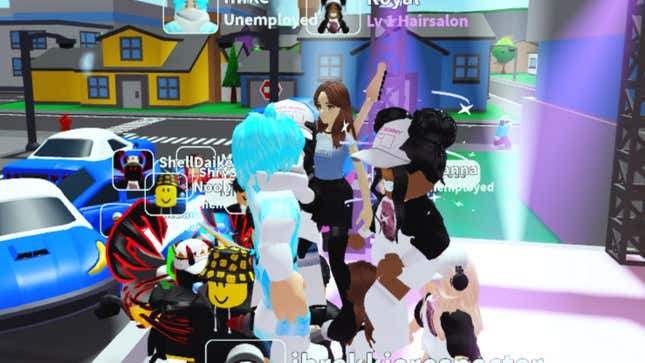 A Roblox character with a guitar gets swarmed by other characters.